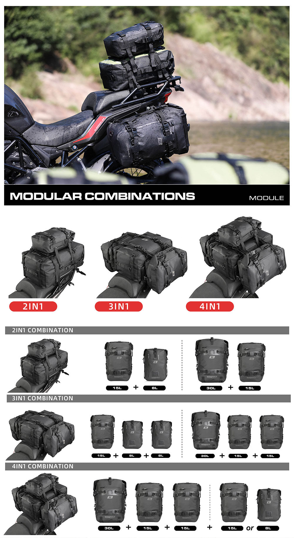 Juego de Bolsos Impermeables Modulares para Moto 8L/15L/30L